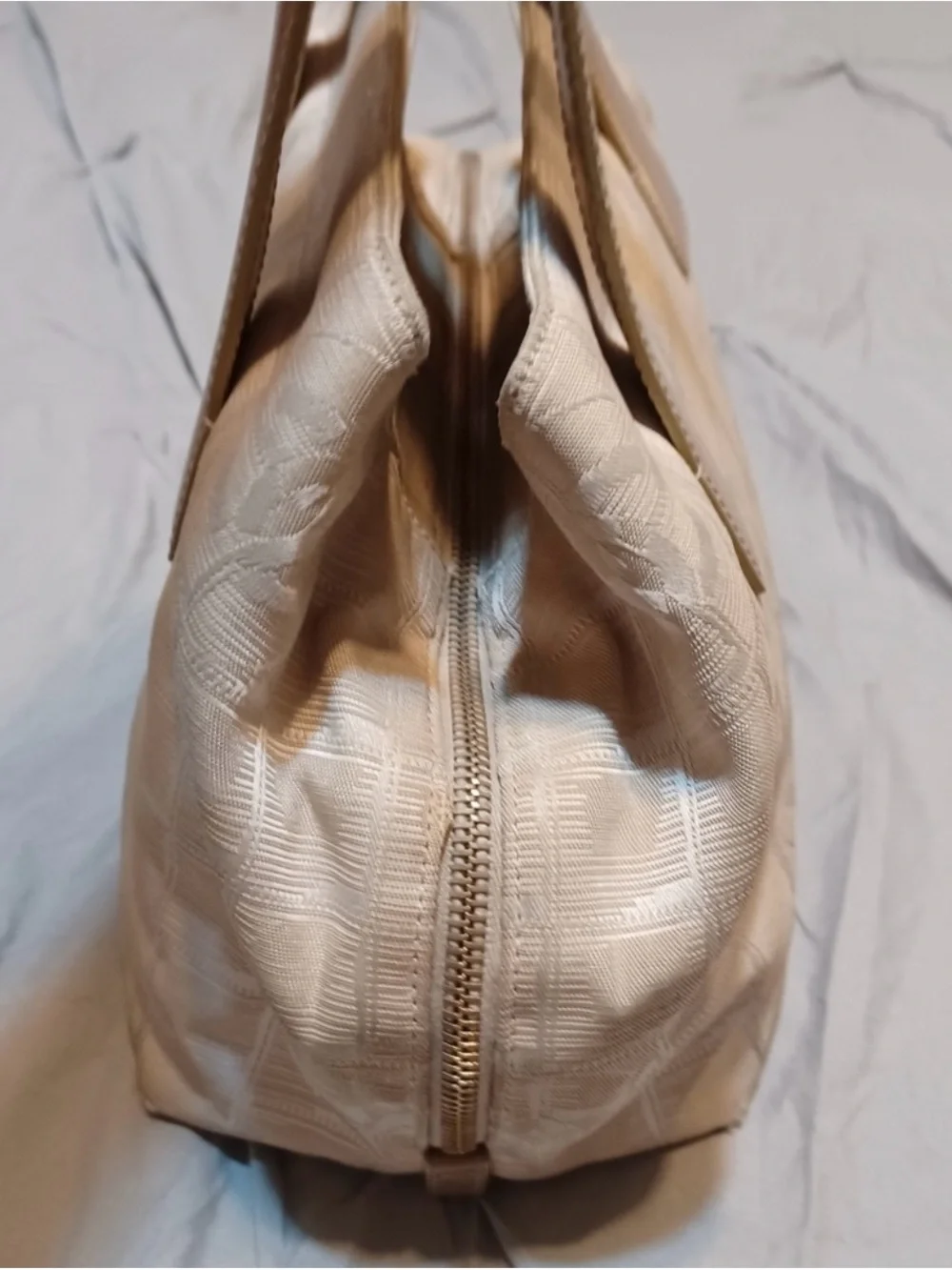 CHANEL Beige Canvas Satchel with Tan Leather Handles